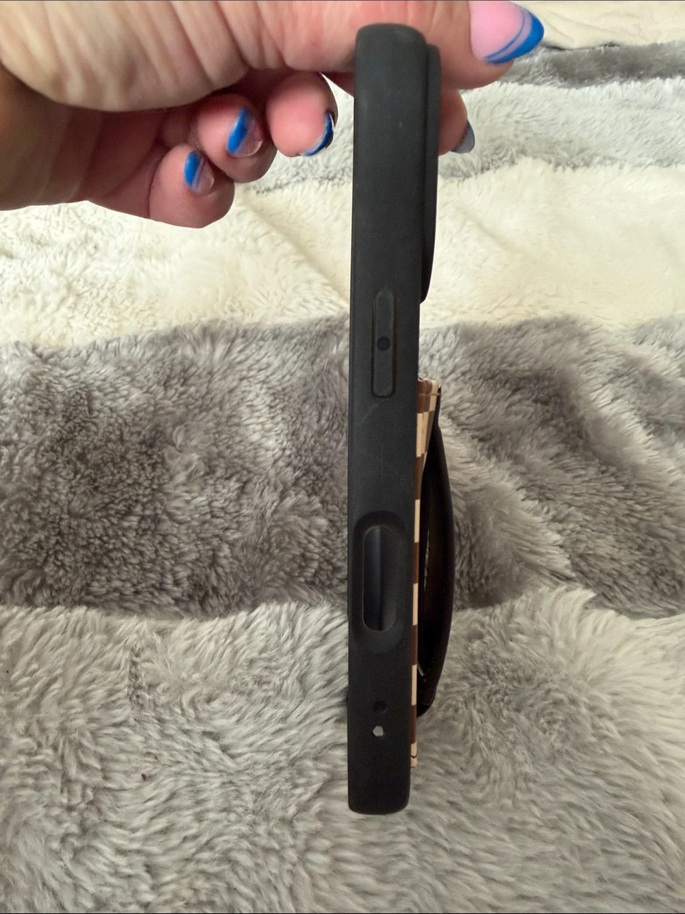 Black Phone Case with Brown Checker Accent and Hand Strap